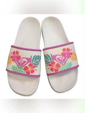 Roxy White Slide Sandals with Pink Tropical Print S9